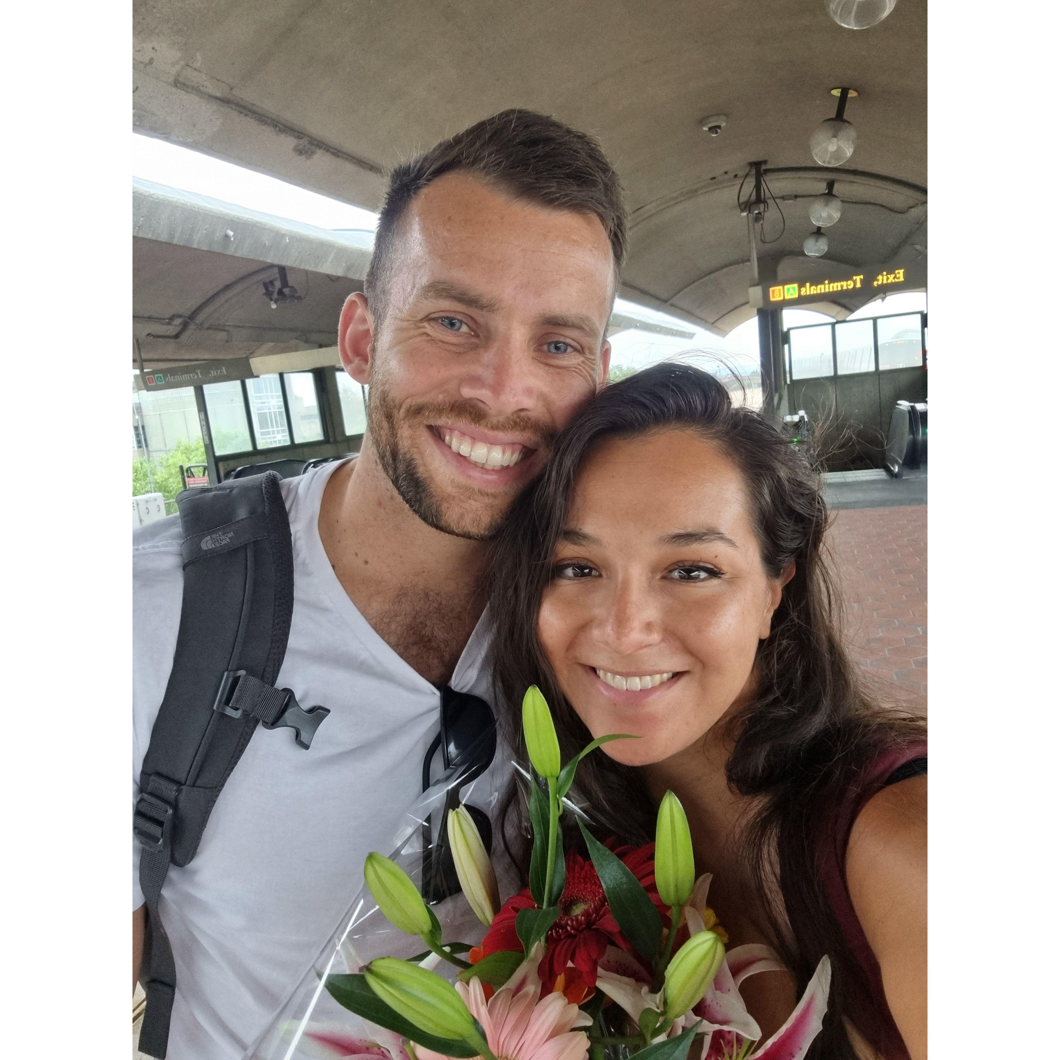 I just arrived back in America after 6 weeks in Spain with family! Luke came to pick me up from the airport with flowers & we started our new life in DC together! Finally together in one place!