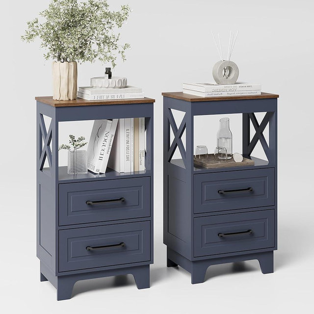 ZYKZYK Tall Nightstand Set of 2 Side Table with 2 Drawers Modern Night Stand Wooden Rustic End Table Bedside Table with Upper Open Shelf Solid Feet for Bedroom, Living Room, Navy Blue+Walnut