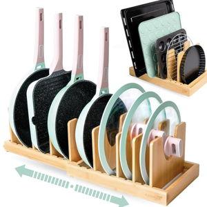 Pots and Pans Organizer under Cabinet, Bamboo Expandable Bakeware and Cutting Board Organizers, Adjustable Pot Lids Holder Rack, Cookie Sheet Baking Pan, Tray Organizer for Kitchen Storage (Natural)