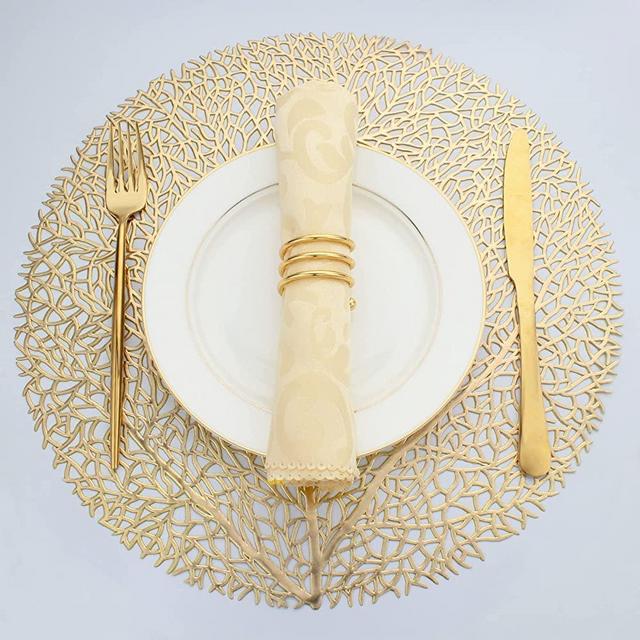 Evevda Gold Round Placemats for Dinner Table Set of 6 No-Slip Wipeable Tree Pattern Table Mats Metallic Plastic Vinyl Place Mats for Anniversary Daily Use Daily Use(Dia:15inch/38cm)