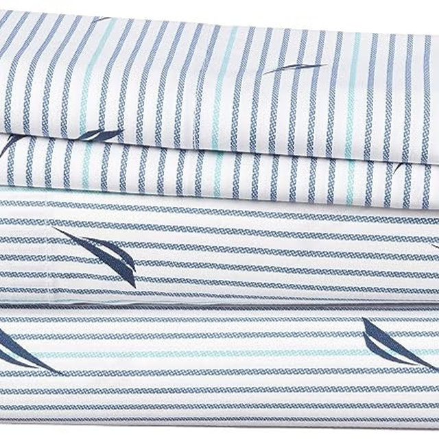 Nautica - Queen Sheets, Cotton Percale Bedding Set, Casual Home Decor (Audley Stripe Blue, Queen)