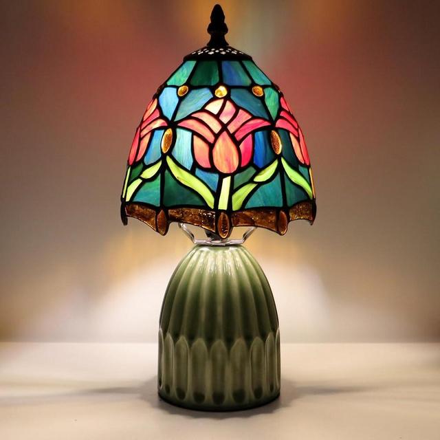 MQYXH Tiffany Lamp Stained Glass Mushroom Table Lamps 6X6X12.5 Inch Blue Red Tulips Style Small Night Light Ceramic Base Mini Accent Desk Light Suitable for Bedside Table Bedroom Children Room