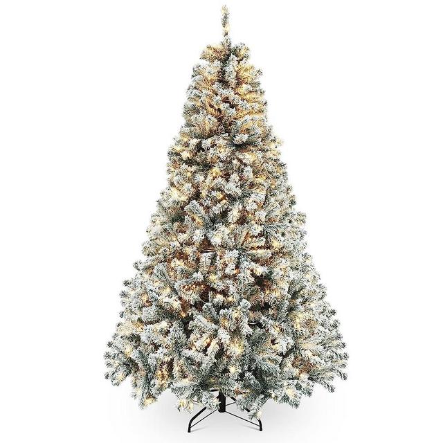 Okicoler 7.5ft Pre-Lit Snow Flocked Artificial Christmas Pine Tree with ELD Lights and Metal Base Stand for Home, Office, Party,Xmas Decoration,White