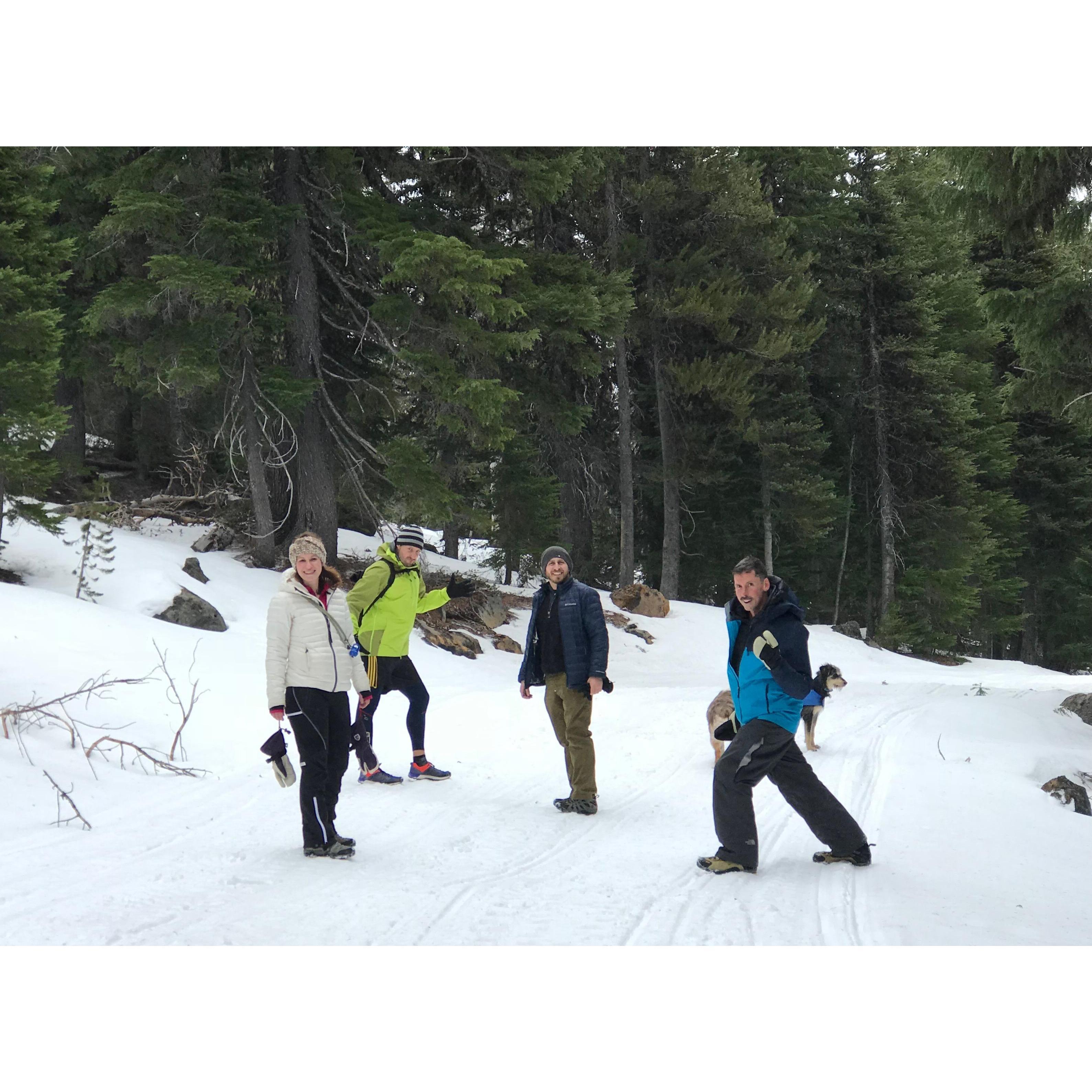 Hiking in the snow with friends
