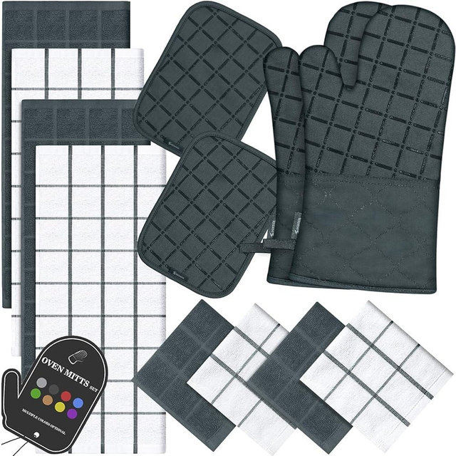 Oven Mitts Pot Holders Sets/Kitchen Towels and Dishcloths,Oven Gloves Kitchen Dish Towels 500 Degree Heat Resistant Potholders with Non-Slip Silicone Surface for Cooking,Grilling,Baking-Deep Green