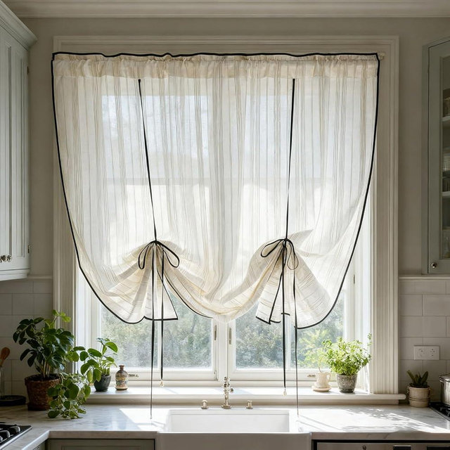 Linen Stripe Tie Up Sheer Curtain Valance for Kitchen Farmhouse Vintage Adjustable Balloon Light Filtering Short Cafe Curtains with Black Trim for Small Windows Rod Pocket Top 1 Panel W52 x L63 Inch