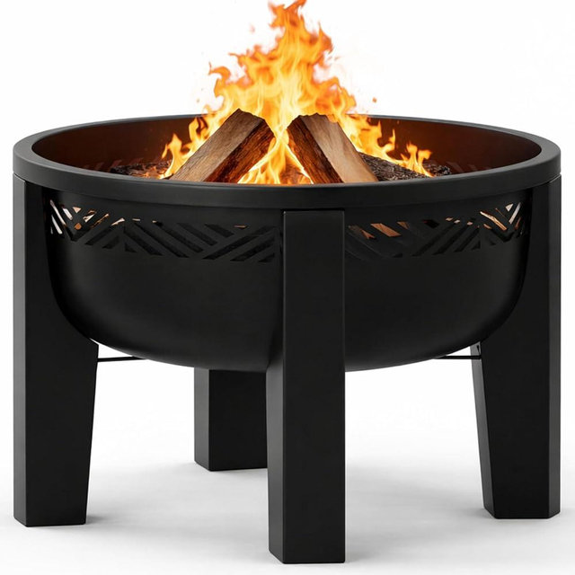 Fire Chief Wood Burning Fire Pit with Tabletop Lid – Modern Outdoor Metal Fire Pit for Patio & Backyard – Premium Heavy Duty Fire Pit Bowl with Multi-Use Side Table (Decorative Bowl)