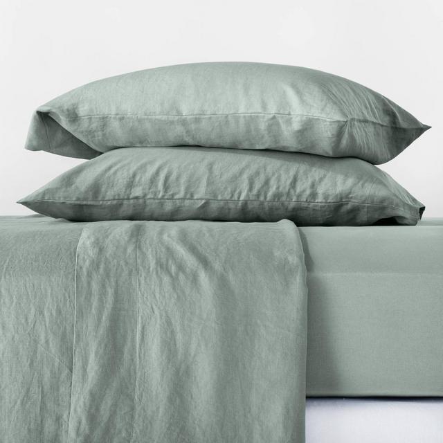 Queen 100% Linen Solid Sheet Set Sage Green - Casaluna™