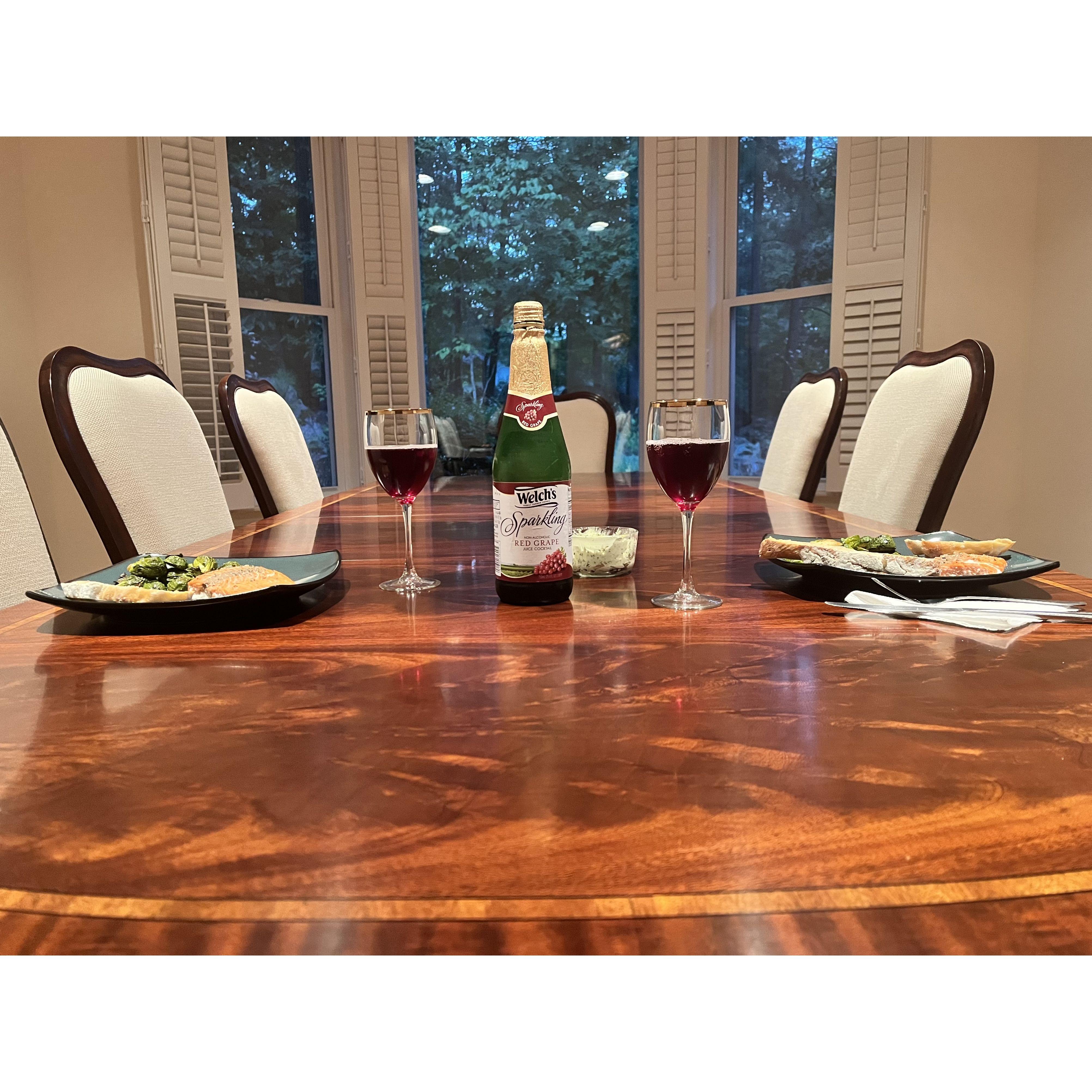 Our first dinner at our new dining room table (note the sparkling grape juice, one of Adam's all time favorite drinks) - Sept 6, 2023