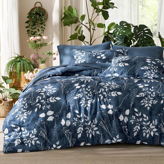Bedsure Full Size Comforter Set - 7 Pieces Floral Navy Soft Bedding Sets, Full Bed in a Bag with Botanical Flowers Comforter, Sheets, Pillowcases & Shams