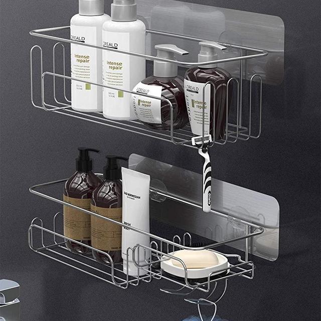 Shower Caddy Basket Shelf with Hooks, JOMARTO Bathroom Storage Rack for Hanging Razor/Shampoo Organizer No Drilling Adhesive Wall Mounted Bathroom Shelf,Rustproof SUS304 Stainless Steel-2 Pack