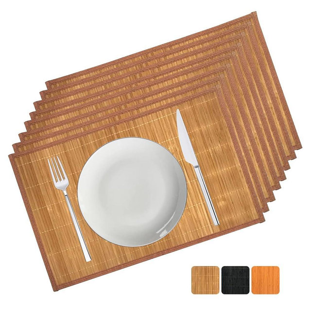 ANDSTAR Set of 8 Pcs Bamboo Placemats with Fabric Border Sushi Rolling Mat Japanese Style Natural Anti-Slip Bamboo Placemats Washable Heat-Resistant Table Mats for Dining Room and Kitchen（Coffee）