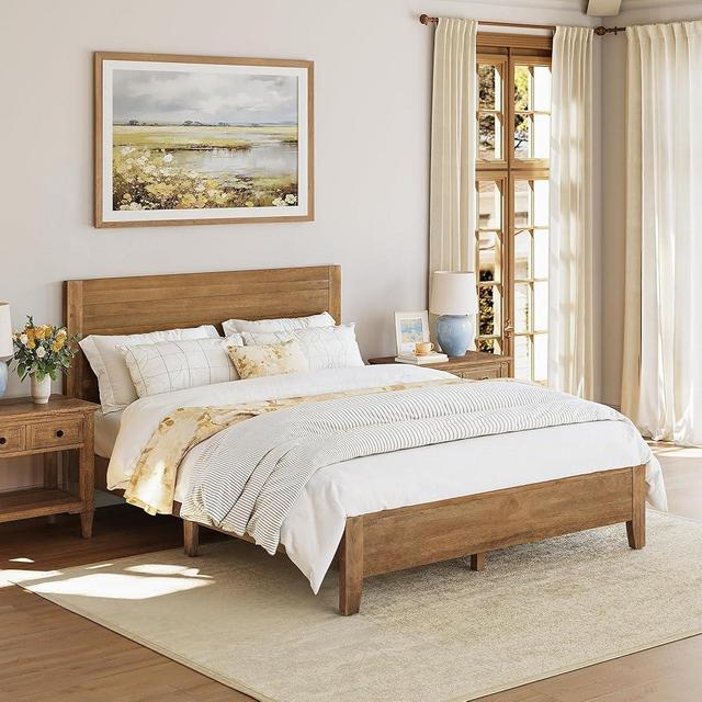 Cozyman Bed Frame Queen Size, Acacia Wood Platform with Headboard, No Box Spring Needed, 800lb Capacity, Non-Slip Without Noise, Easy Assembly, Dark Wood