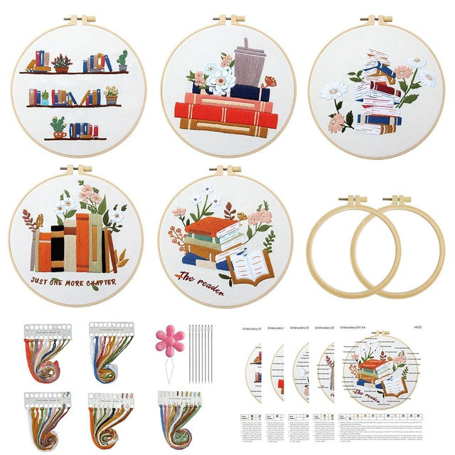 CMINAUS 5 Sets Embroidery Kit for Beginners Adults Book Lover, Embroidery Starter Kit Book Pattern Hand Crewel Needlepoint Cross Stitch Kits Includes 2 Hoops Colored Threads Needles