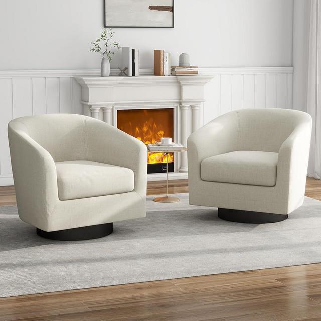 UIXE Swivel Barrel Accent Chairs Set of 2, Modern Round Club Arm Chair Upholstered Living Room Armchair, Single Sofa Seating Bedroom Side Reading Seat in Fabric for Home Office (Beige)