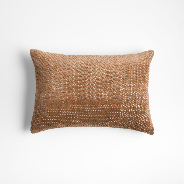 Sashiko Organic Cotton Velvet 22x15 Camel Tan Throw Pillow Cover