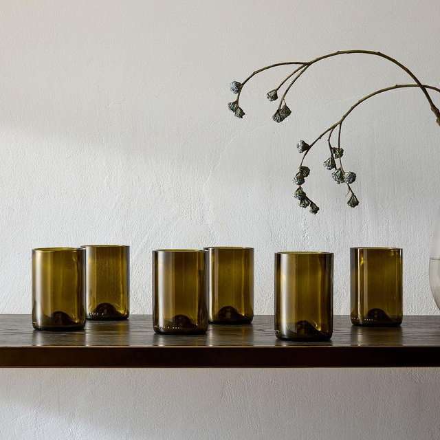Vintage Drinking Glass, Short, 12oz, Olive, Set of 6