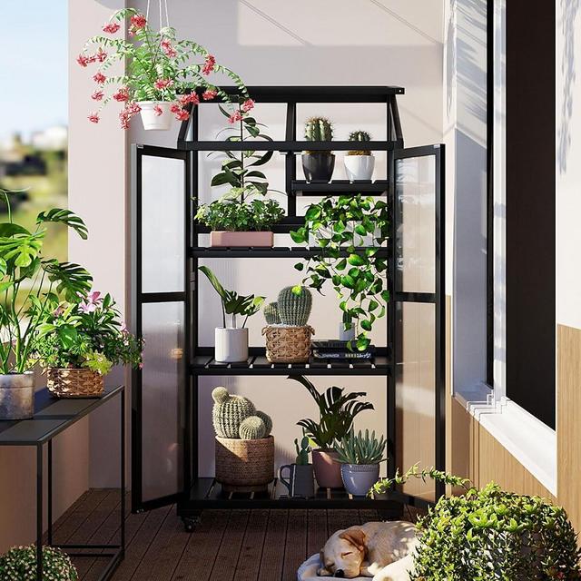 Harper & Bright Designs 62 inch Height Wood Large Greenhouse Balcony Portable Cold Frame with Wheels and Adjustable Shelves for Outdoor Indoor Use, Black