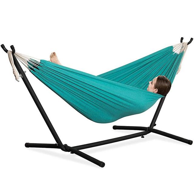 PNAEUT Double Hammock with Space Saving Steel Stand 2 Person Heavy Duty Garden Yard Outdoor 450lb Capacity Hammocks