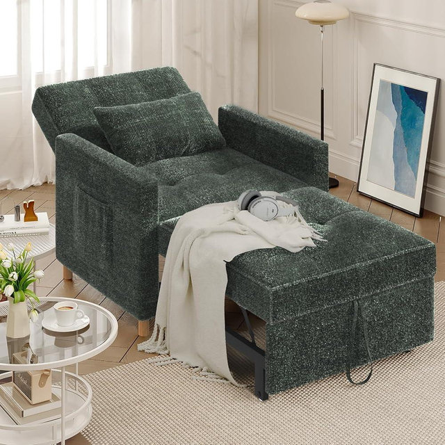 JFHID 31.5" Sleeper Chair, Convertible Chair Bed for Adults, 3-in-1 Pull Out Sofa Chair with Side Pocket, Pillow and Adjustable Backrest for Small Space, RV, Apartment, Living Room, Green