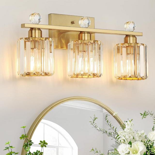 KunruiTAI 3-Light Gold Bathroom Light Fixtures,Modern Bathroom Vanity Lights Fixture with Clear Crystal Glass Shade,Brushed Gold Bath Wall Mount Lights, Light Fixtures for Mirror Bedroom Living Room