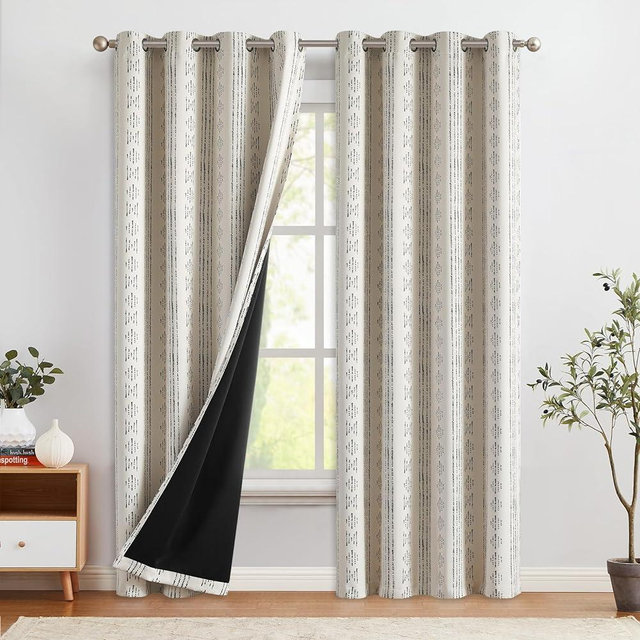 COLLACT 100% Boho Blackout Curtains for Bedroom 84 Inch Length Black on Beige Geometric Stripe Pattern Curtains for Living Room Thermal Insulated Room Darkening Drapes Grommet Window Curtains 2 Panels