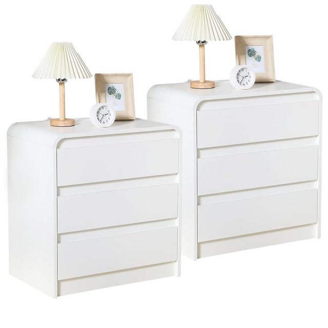 HtThalamic Modern Nightstands Set of 2, White Night Stand with Charging Station, Wood End Table with 3 Drawers, 23.6'' Wide Bedside Cabinet for Bedroom