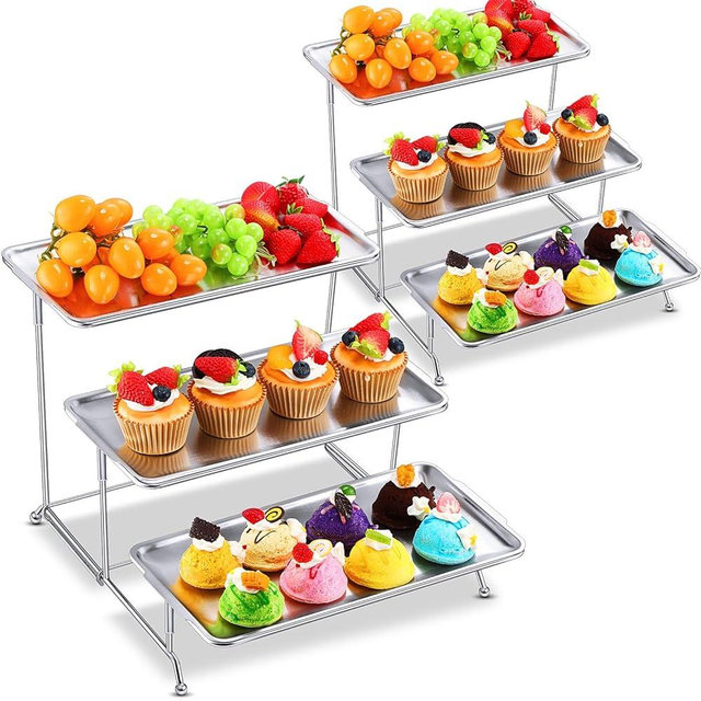 Hicarer 2 Pcs 3 Tier Serving Trays Stand, Stainless Steel Serving Platters Dessert Table Display Set Rectangle Plate Set with Metal Stand for Appetizer Snack Fruit Cup Cake Party (Silver)