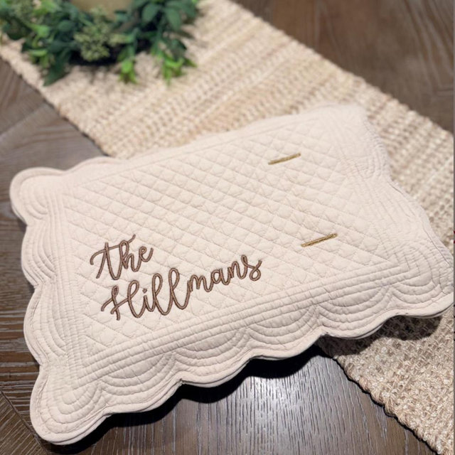 Casserole Dish Cover | Embroidered | Quilted | Personalized Gift | Housewarming | Wedding | Christmas | Bridal Shower | Scolloped Edge - ellie mae, light brown