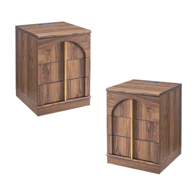23.6" Tall Modern Nightstand Set of 2, Wood Bedside Table w/Charging Station, 3 Storage Drawers Side Table w/Arched Panel Design for Bedroom, Brown