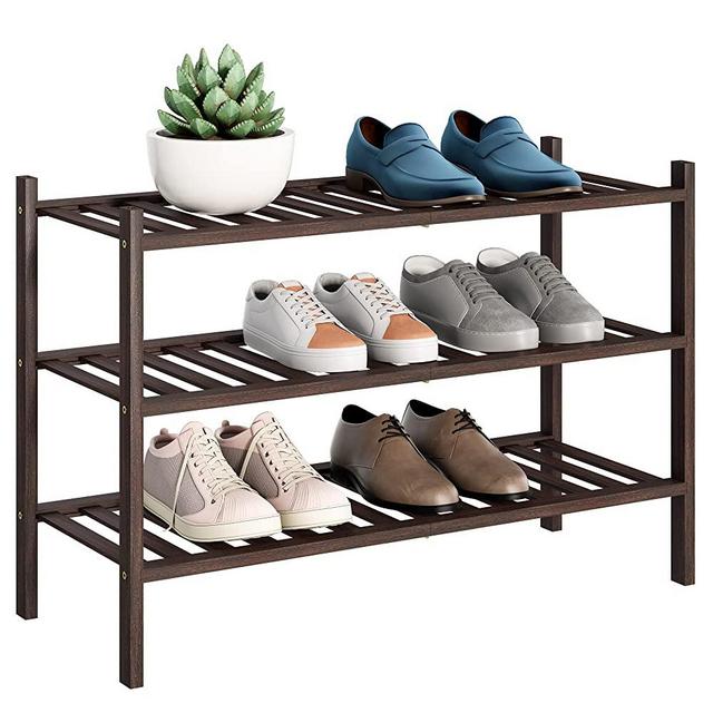 BMOSU Wood Shoe Rack Closet Entryway 3-Tier Premium Stackable Shoe Organizer Shelf Storage For Hallway Closet Living Room Organizer (Mocha Wood)