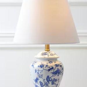 JONATHAN Y Penelope Chinoiserie Ginger Jar Bird Ceramic/Iron 22-in Blue/White LED Rotary socket Table Lamp with Linen Shade