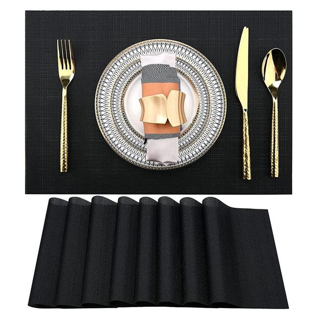 SLKQG Black Placemats Set of 8 - Easy Clean Washable Vinyl Placemats - Heat Resistant Placemats for Kitchen Table - PVC Table Mats for Dining Table (Pure Black, 8)