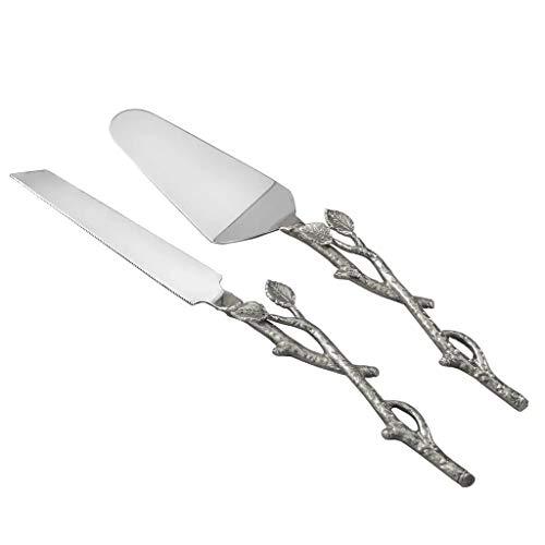 Elegant Rustic Cake Server and Knife Set with Beautiful Leaf Design, Ideal Cake Cutting Set For Wedding Party's and Elegant Events, 2 Piece Silver Twig Pie Server Set