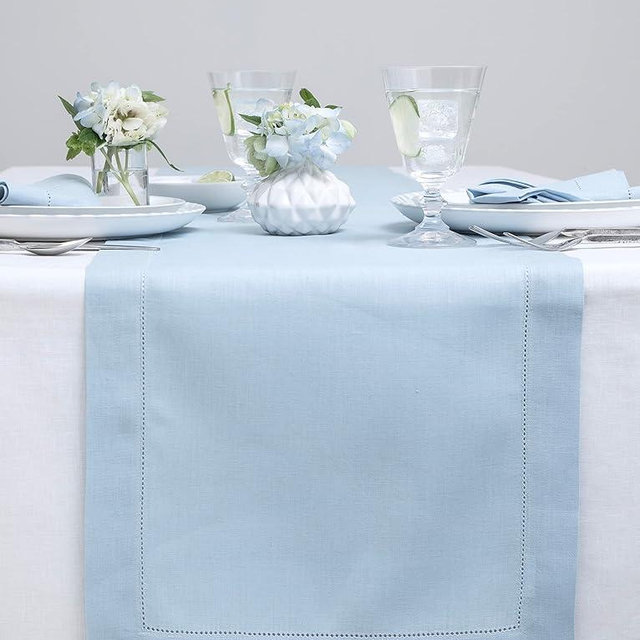 Solino Home Sky Blue Table Runner 90 Inches Long - 100% Pure Linen Hemstitch 14 x 90 Inch Table Runner for Dining, Spring, Summer, Mothers Day - Classic Hemstitch