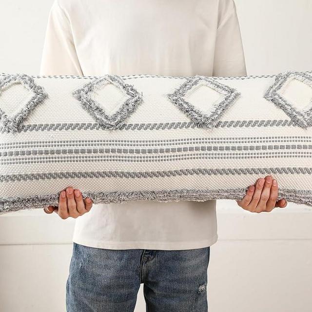 DRNOU Grey and White Boho Long Lumbar Pillow Cover 14 x 36,Cotton Tufted Decorative Extra Long Lumbar Pillow Case Cover for Bed Sofa Couch Livingroom Farmhouse,Modern Accent