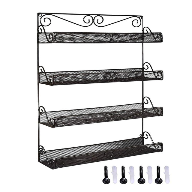 AMT Spice Rack, Wall Mount Organizer, Pantry Cabinet Door Shelf Storage, Kitchen seasoning Hanging Display for Spice Jars, Sauces, Herbs, Cosmetic Beauty Bottles (4 Tier- Style 7S)