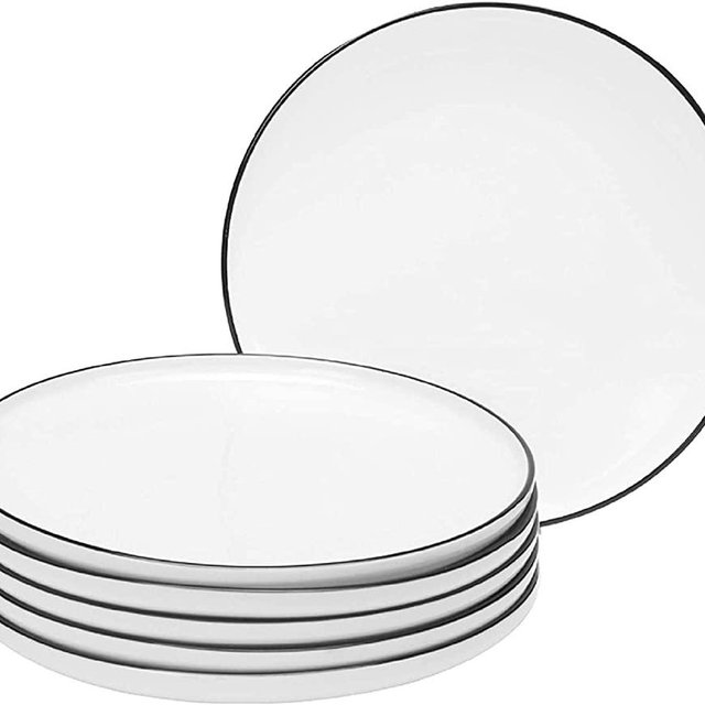 BonNoces 8 Inch Porcelain Dinner Plate, White with Black Edges Dessert Plate, Classic Round Serving Plate for Steak, Pasta and Salad, Set of 6