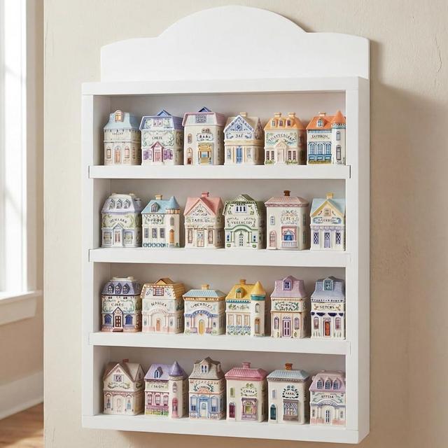 Chunful Vintage Spice Village Wooden Rack 22 x 17 x 4 Inches White Display Rack with 4 Shelves for Wall Mounting Kitchen Storage Spice Village Display Shelf for 24 Jars, Shelf Only