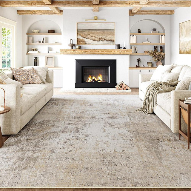 WondRg 8x10 Washable Area Rug Beige Grey Abstract Living Room Bedroom Carpet Neutral Modern Non Slip Soft Medium Pile Indoor Large Throw Rug for Dining Room Office