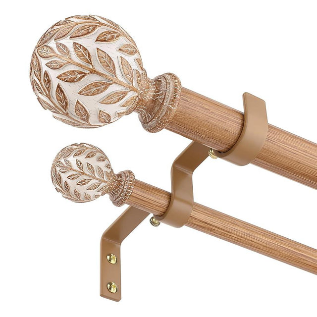 Wood Double Curtain Rod, Boho Decorative Extra Long Dual Curtain Rods for Windows 120 to 170 Inch, 1" Adjustable Heavy Duty Double Rod, Unique Handmade Imitation Wood Grain Leaf Finial Design