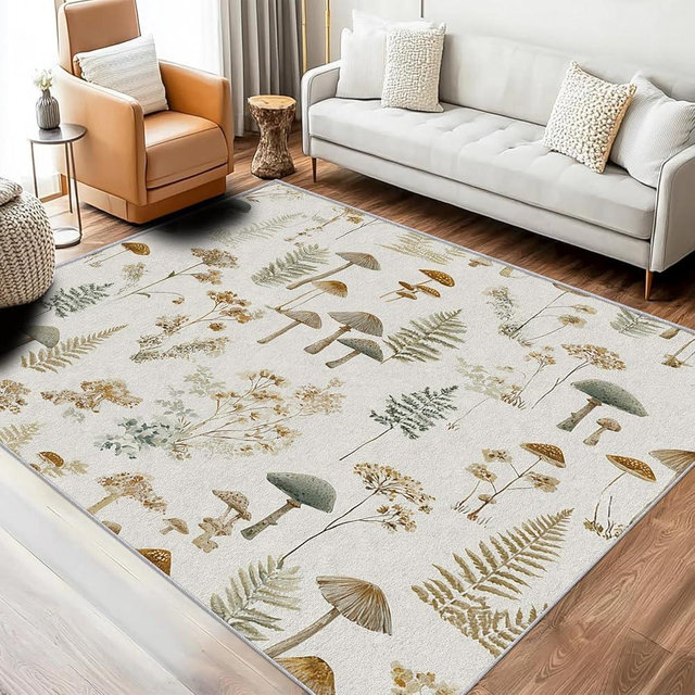 Mushroom Leaf Rug, Washable 5x6 Rug for Living Room, Natural Plant Pastoral Patterned Indoor Carpet, Mushroom Leaves Decor for Home, Bedroom, Soft Non Slip Thin Design EER118