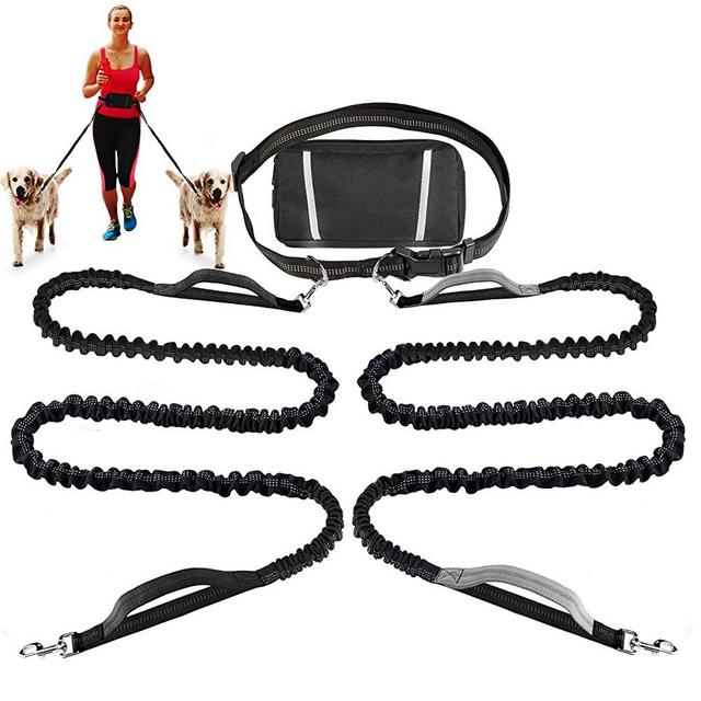 Hands Free Dog Leash Bungee Retractable Dog Running Waist Leash for Running Walking Jogging Training Hiking with Medium to Large Dogs, Adjustable Waist Belt Pouchouch, Reflective Stitches, Dual Handle
