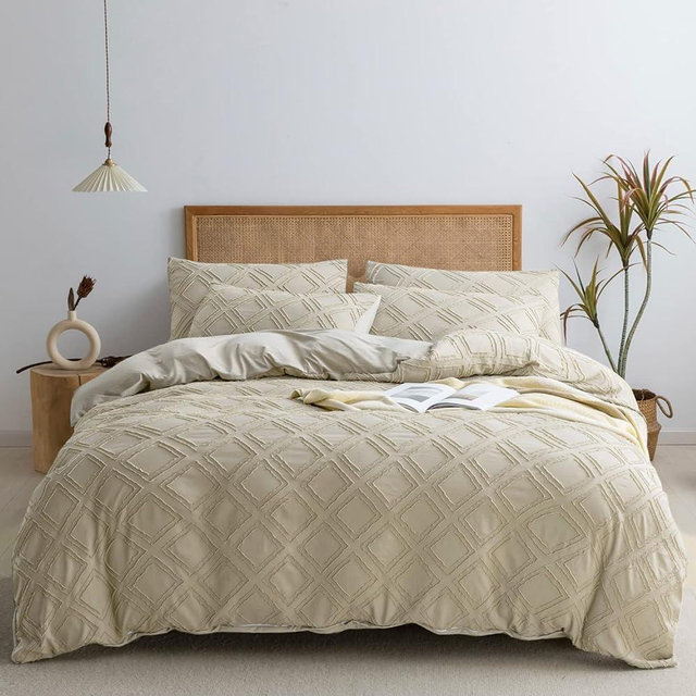 JELLYMONI Cream Grey Duvet Cover King Size - 3PCS Microfiber Tufted Duvet Cover Set, Boho Textured Duvet Cover Jacquard Rhombus Geometric Pattern Duvet Cover with Corner Ties & Zipper Closure