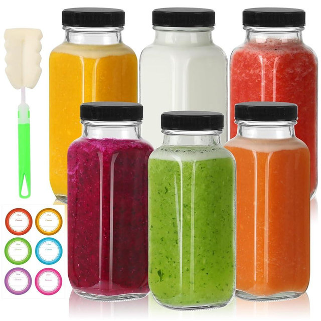 CAKKVDE 8 oz Glass Juice Bottles with Lids 6 Pack,Reusable Glass Drink Bottles,250ml Water Drinking Jars for Milk,Juicing,Kombucha,Ginger,Beverage Glassware,Juice Drinking Jars