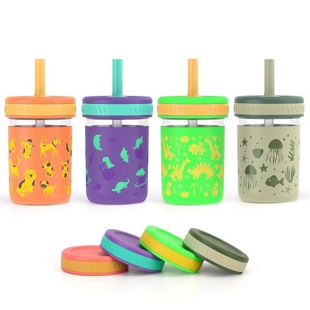 Sursip Toddler Glass Sippy Cups, Kids Baby 12 oz Spill-Proof Water Tumbler with Straw and Lids, Smoothie Snack Mason Jar For Travel School or At Home, 4 Packs BPA-Free