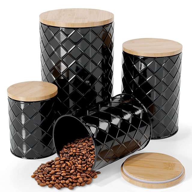 Pebble & Stem Black Canisters Sets for Kitchen Counter, Kitchen Canisters Set of 4, Airtight Countertop Flour and Sugar Containers, Coffee and Tea Storage, Modern Farmhouse Kitchen Decor, Metal