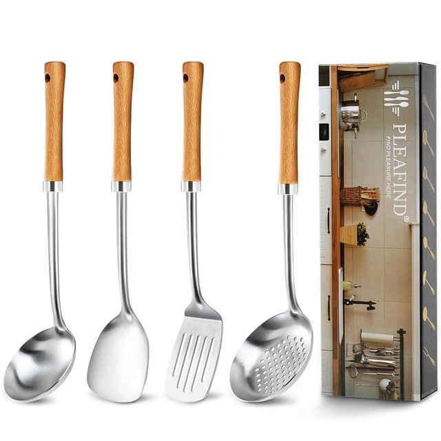 Pleafind 4-Pcs Cooking Utensils Set, Stainless Steel Kitchen Utensils with Wooden Hanlde, Kitchen Essentials Set Include Wok Ladle, Slotted Spoon, Wok Spatula and Slotted Spatula, Dishwasher Safe