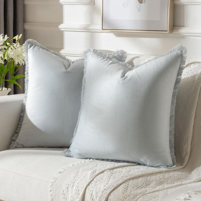 FUTEI Light Blue Boho Throw Pillow Covers with Tassels 18x18 Inch Set of 2,Soft Velvet Decorative Cushion Case,Home Decor for Couch Bed Living Room