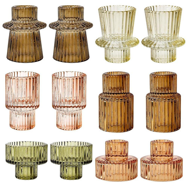 SYFURNIX Brown Candlestick Holders 12PCS Ribbed Glass Taper Candle Holders Set for Tealight Candlestick Candles, Table Centerpieces for Thanksgiving Christmas Farmhouse Decor Indoor and Outdoor